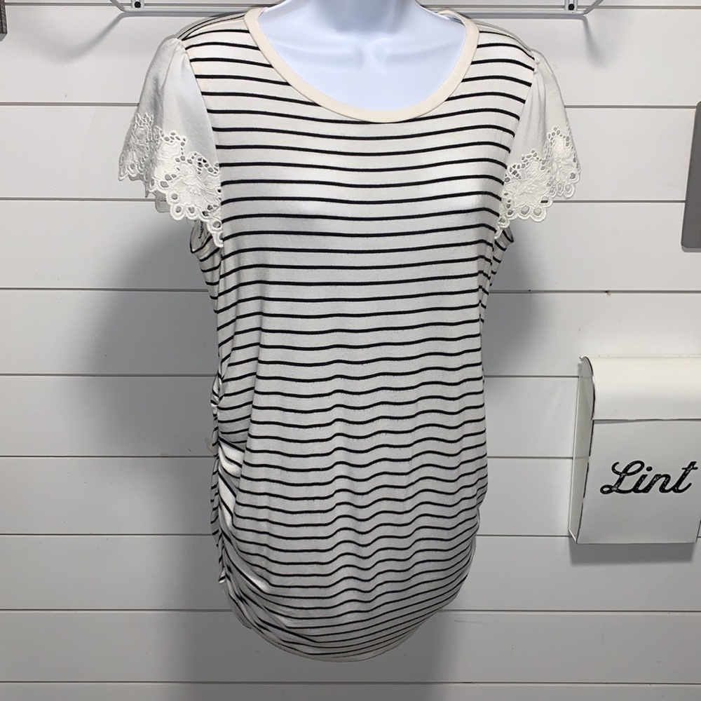 • Motherhood Maternity Striped Top With Side Ruching & Eyelet Cap Sleeves •